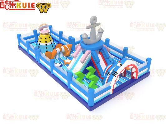 Blue Ocean Theme Shark Inflatable Bouncy Playground Dengan Slide Mendaki
