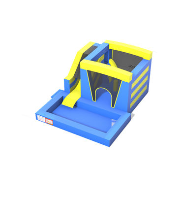 Rumah Lompatan Berwarna Biru Kuning dengan Slide dan Kolam Renang