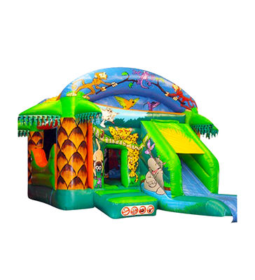 Slide Hijau Kastil Inflatable Dihiasi dengan Pola Monyet dan Burung