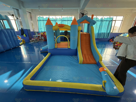 Polyester Oxford Inflatable Blue and Orange Water Slide Untuk Anak-anak Taman Hiburan