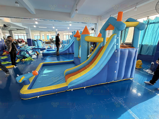 Polyester Oxford Inflatable Blue and Orange Water Slide Untuk Anak-anak Taman Hiburan